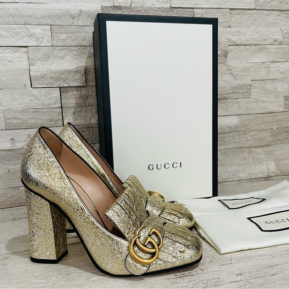 Gucci Shoes - Gucci GG Marmont Fringe Heel Pumps Gold Metallic Laminate Leather Size 36.5